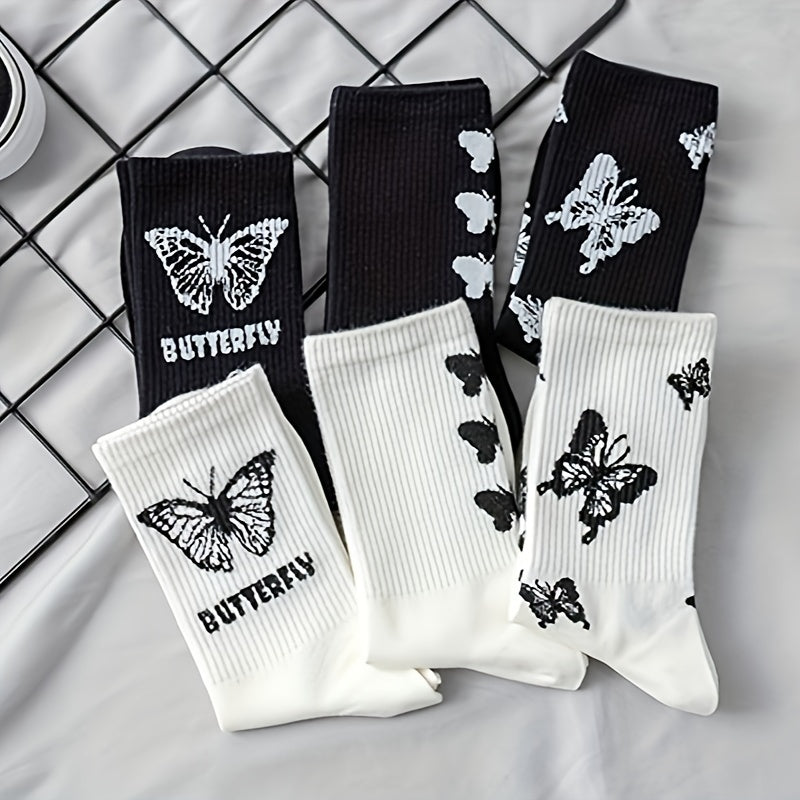 6 Pairs Butterfly Print Ribbed Socks Women's Mid Tube Stockings