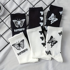 6 Pairs Butterfly Print Ribbed Socks Women's Mid Tube Stockings