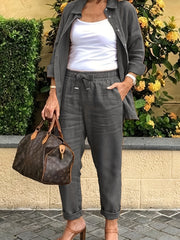 Button Front Long Sleeve Shirt & Wide Leg Pants Set