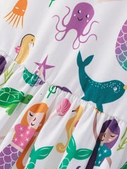 Girls Mermaid Princess Dress with Sea Animals Graphic