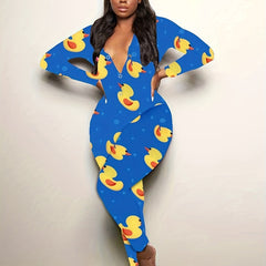Duck Print Lounge Romper Long Sleeve V Neck Buttons Romper Women's Loungewear