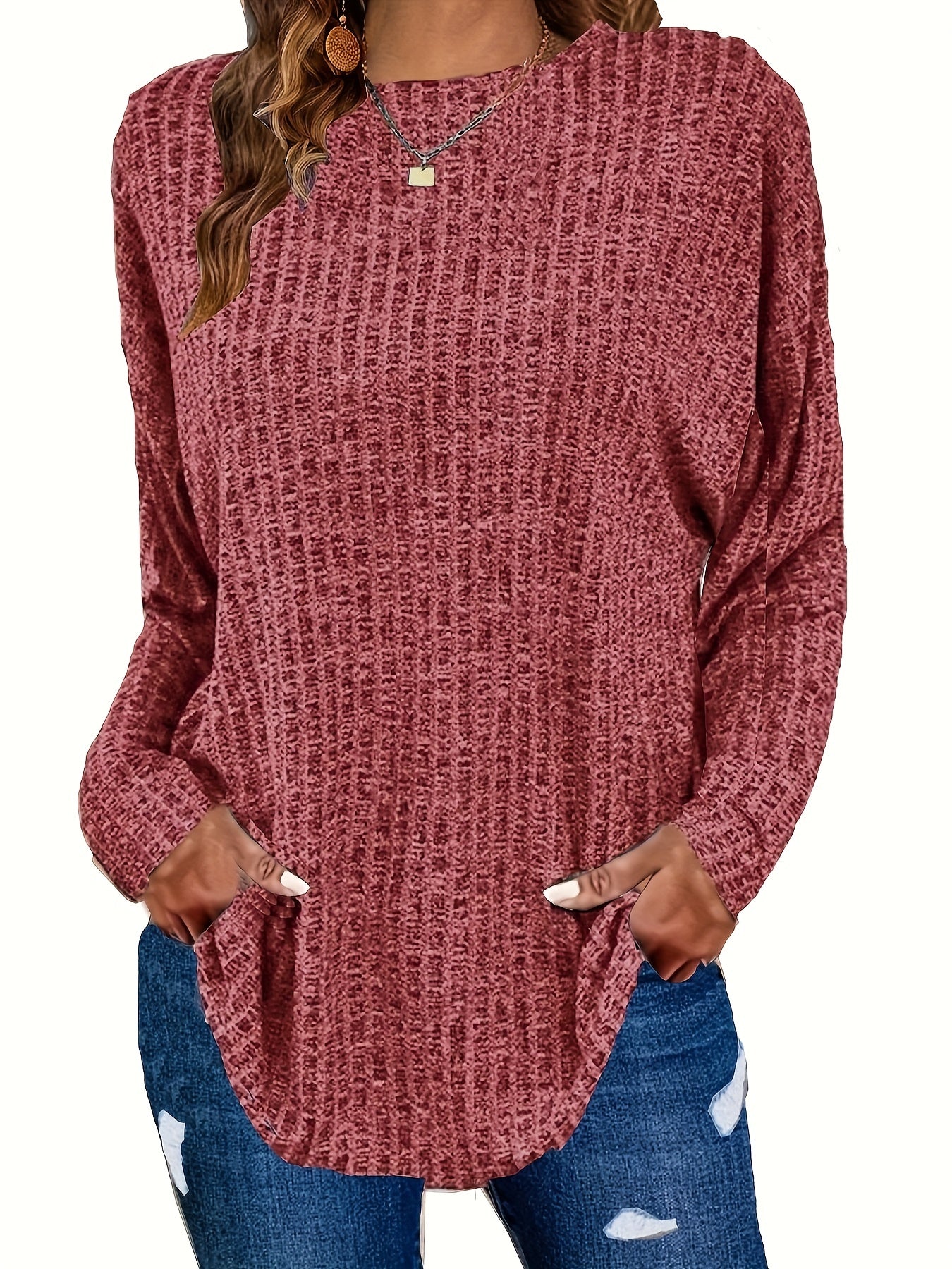 Solid Ribbed Long Sleeve Knit Top