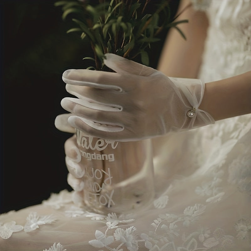Faux Pearl Mesh Full Finger Wedding Gloves