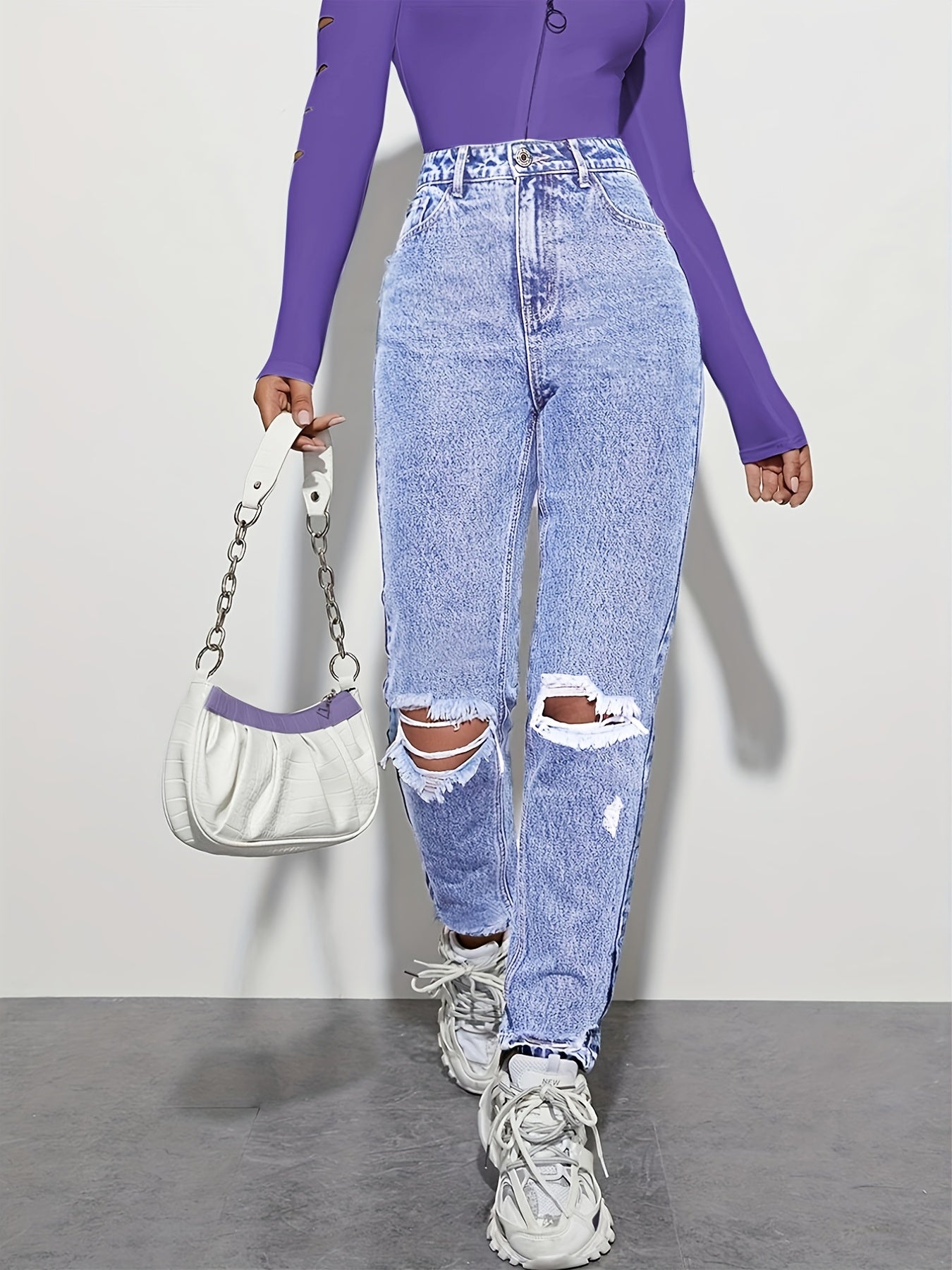 High Rise Straight Jeans Loose Fit Slash Pockets Denim Pants