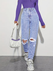 High Rise Straight Jeans Loose Fit Slash Pockets Denim Pants