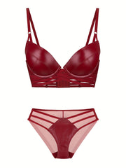 Solid Push Up Bra & Cut Out Panties Lingerie Set