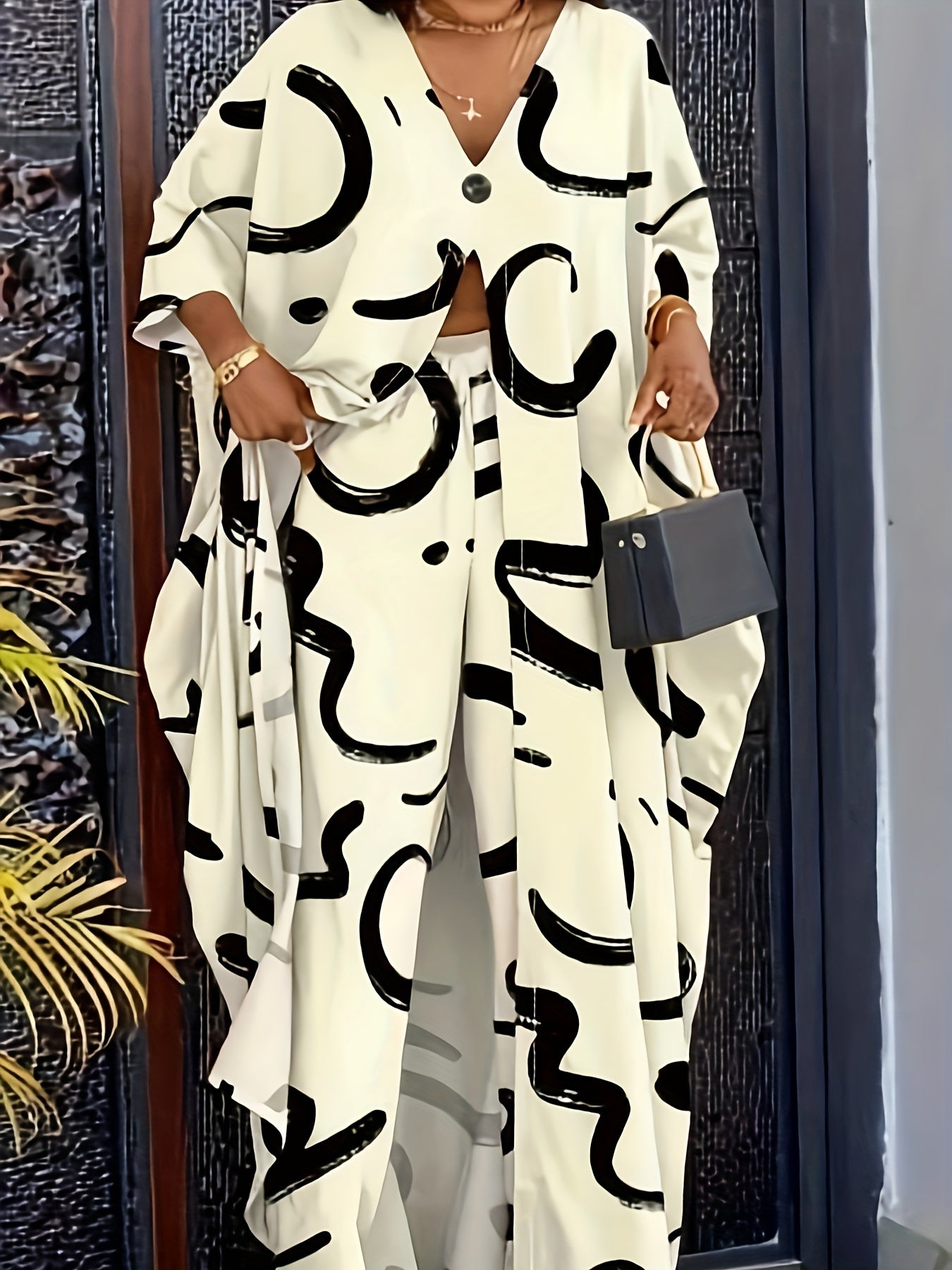 Women's Plus Print Top & Elastic Pants Two Piece Set