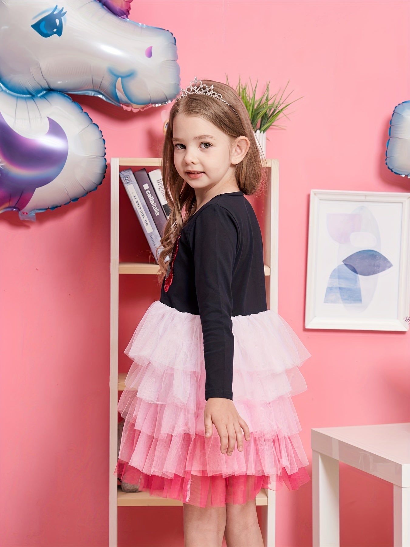 Girls Butterfly Embroidered Long Sleeve Tutu Dress Party Outfit