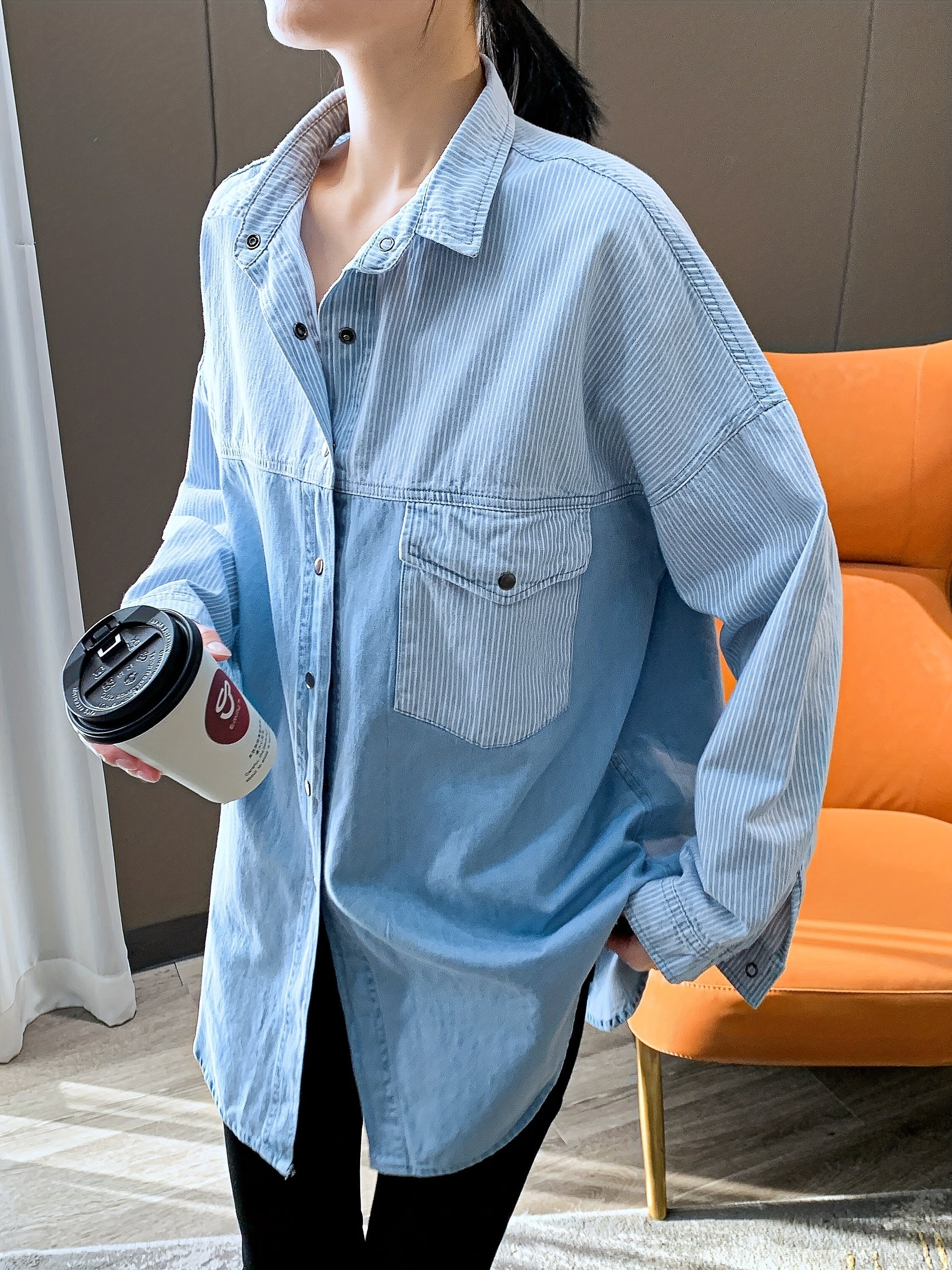 Colorblock Button Up Denim Shirt