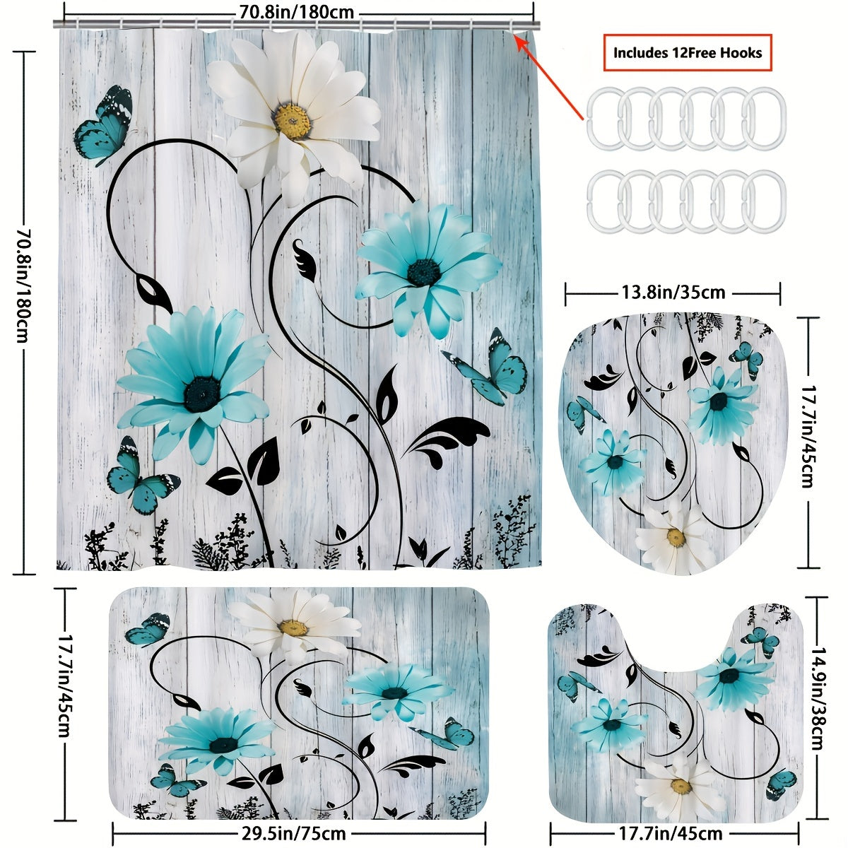 Flower & Butterfly Pattern Shower Curtain Set