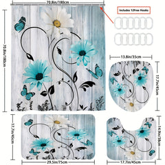 Flower & Butterfly Pattern Shower Curtain Set