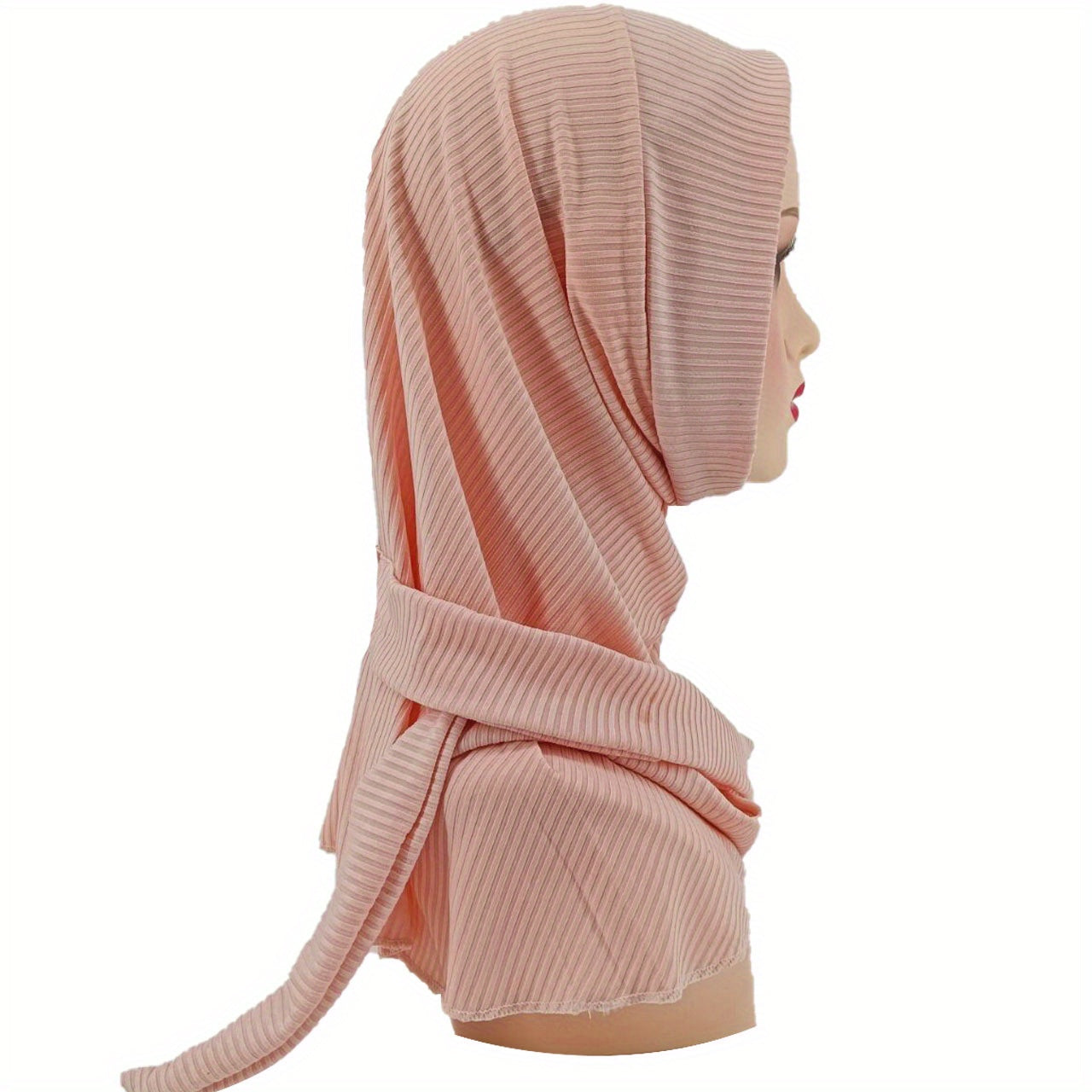 Solid Striped Hijab Snap Button Turban Head Wrap Long Shawl Head Scarf