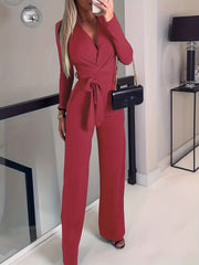 Wide Leg Belted Jumpsuit Long Sleeve V Neck Jumpsuit