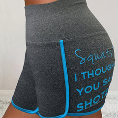 Ruched Slogan Print High Waist Athletic Shorts