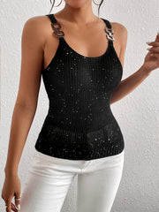 Chain Detail Ribbed Knit Top Sleeveless Crew Neck Casual Top