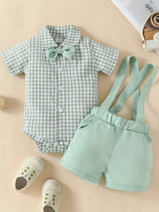 2pcs Baby Boys Plaid Bowtie Onesie & Suspender Shorts Set