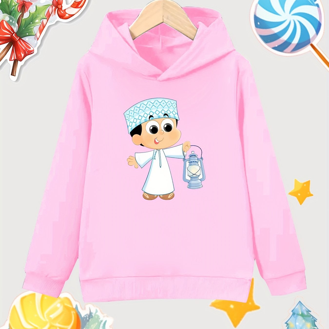 Cartoon Boy Pattern Girl's Cotton Hoodie Active Sweatshirt