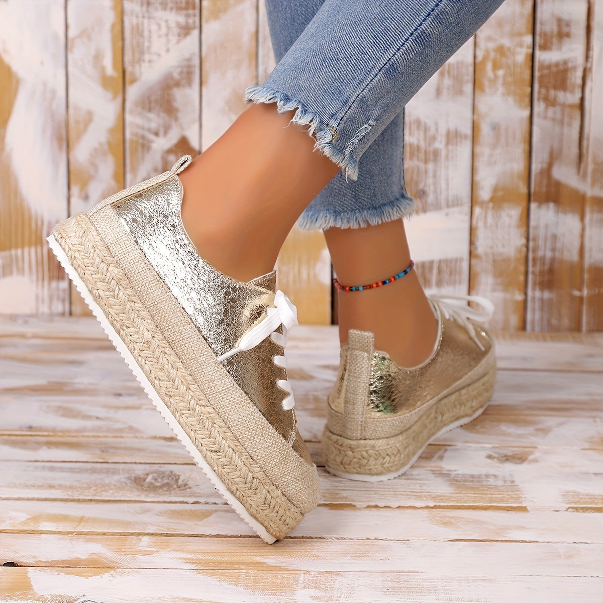 Metallic Platform Sneakers Lace Up Espadrille Shoes
