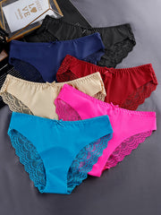 6pcs Lace Briefs Scallop Trim Bow Tie Panties Women's Lingerie