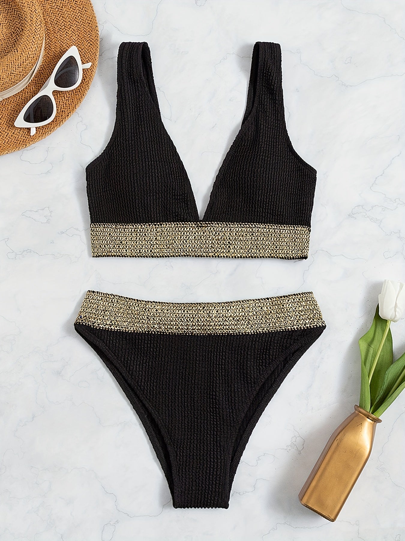 V Neck Striped Band Bikini Set High Cut Swimsuit