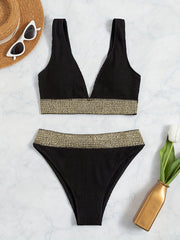 V Neck Striped Band Bikini Set High Cut Swimsuit
