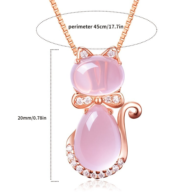 Rose Plated Quartz Pink Crystal Cat Pendant Necklace for Girls
