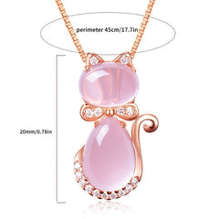 Rose Plated Quartz Pink Crystal Cat Pendant Necklace for Girls