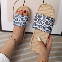 Women's Cartoon Pattern Slippers Casual Open Toe Slip On Linen Slide Sandals