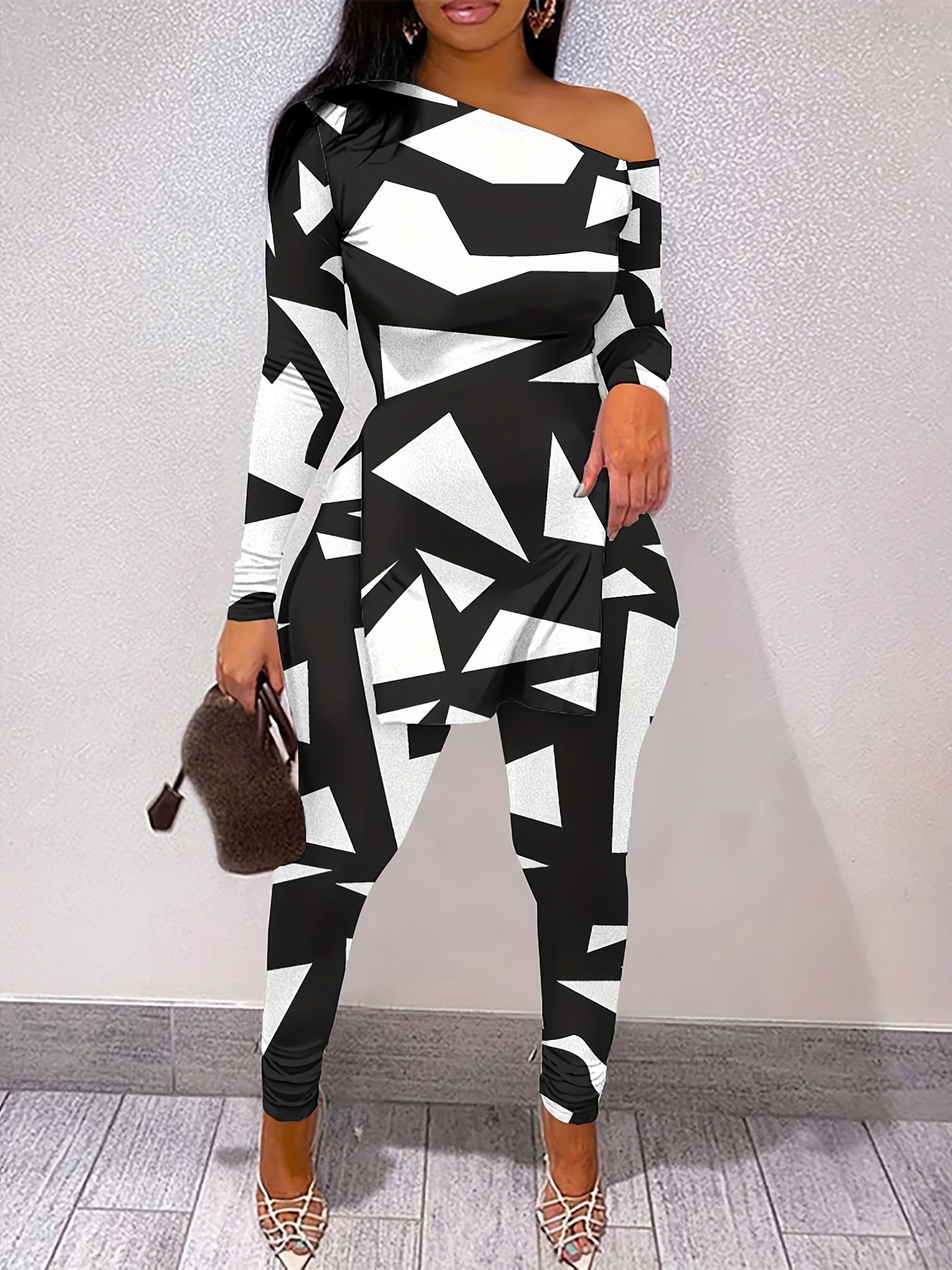 Graphic Print 2 Piece Set One Shoulder Side Split T shirt & Slim Pants