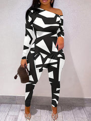 Graphic Print 2 Piece Set One Shoulder Side Split T shirt & Slim Pants