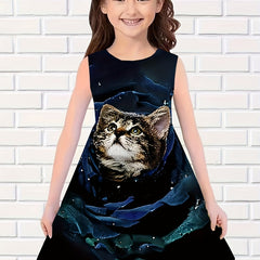 Rose Flower Kitty Print Dress Girls Casual Sleeveless Dresses For Summer Party