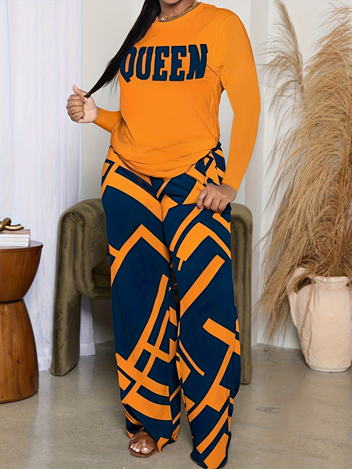 Queen Letter Print Long Sleeve Tops & Geo Print Wide Leg Pa