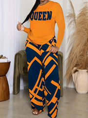 Queen Letter Print Long Sleeve Tops & Geo Print Wide Leg Pa