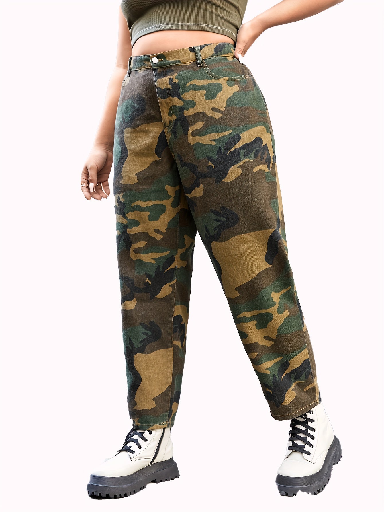 Camo Print High Rise Straight Leg Jeans