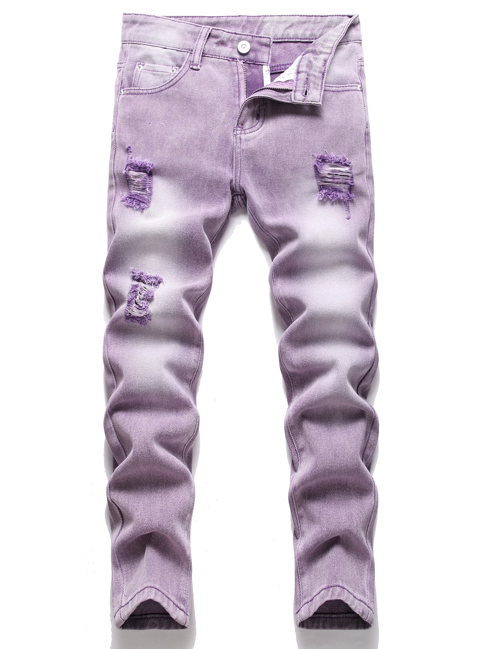 Boys Purple Ripped Jeans Skinny Slim Fit Washed Denim Long Pants