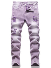 Boys Purple Ripped Jeans Skinny Slim Fit Washed Denim Long Pants