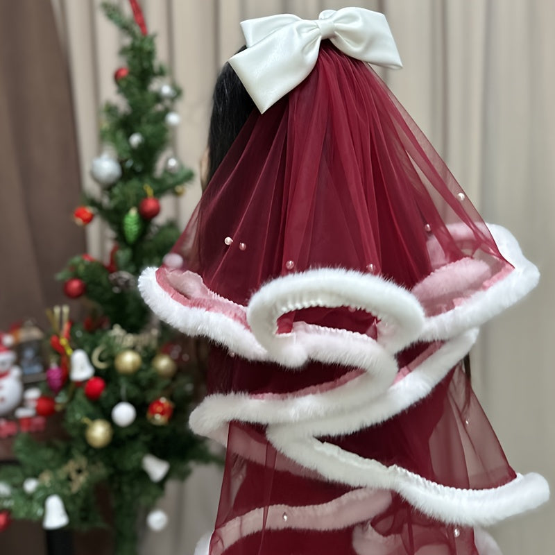 Short Burgundy Double Layer Bridesmaid Veil with Bow