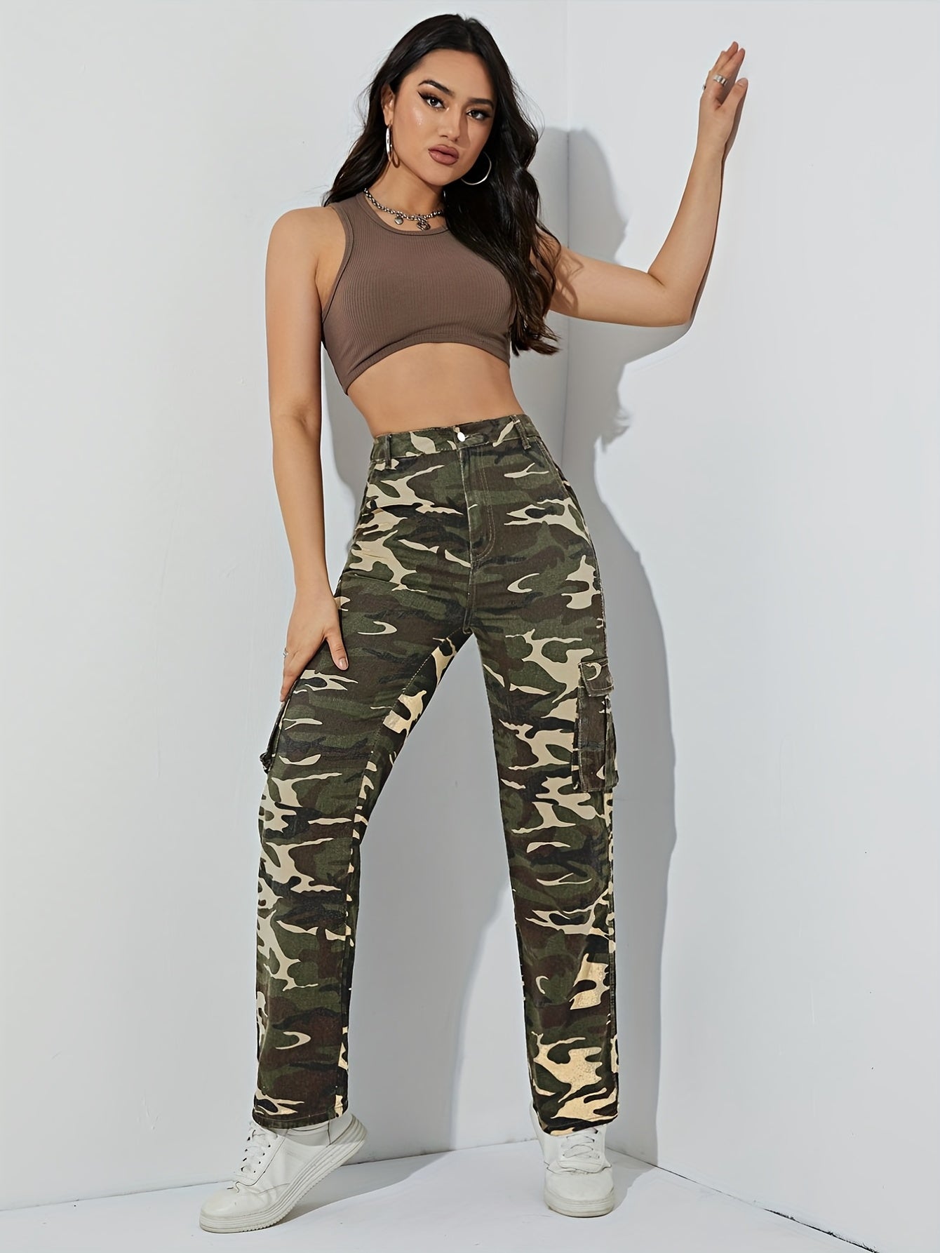 High Waist Wide Leg Denim Pants with Flap Pockets