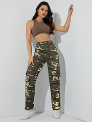 High Waist Wide Leg Denim Pants with Flap Pockets