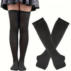Teenagers Colorful Striped Thigh High Stockings & Fingerless Gloves Set