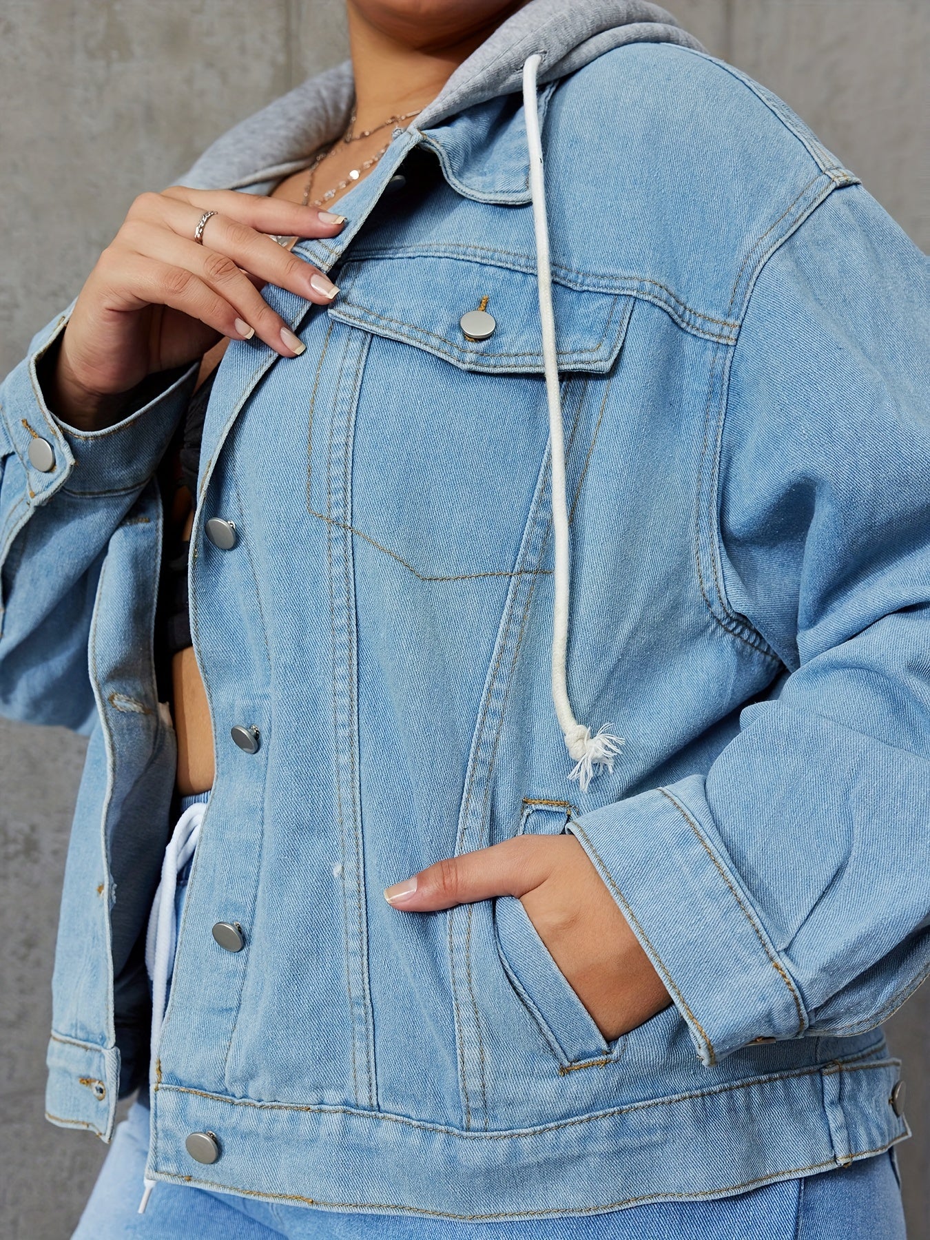 Colorblock Hooded Drawstring Denim Jacket