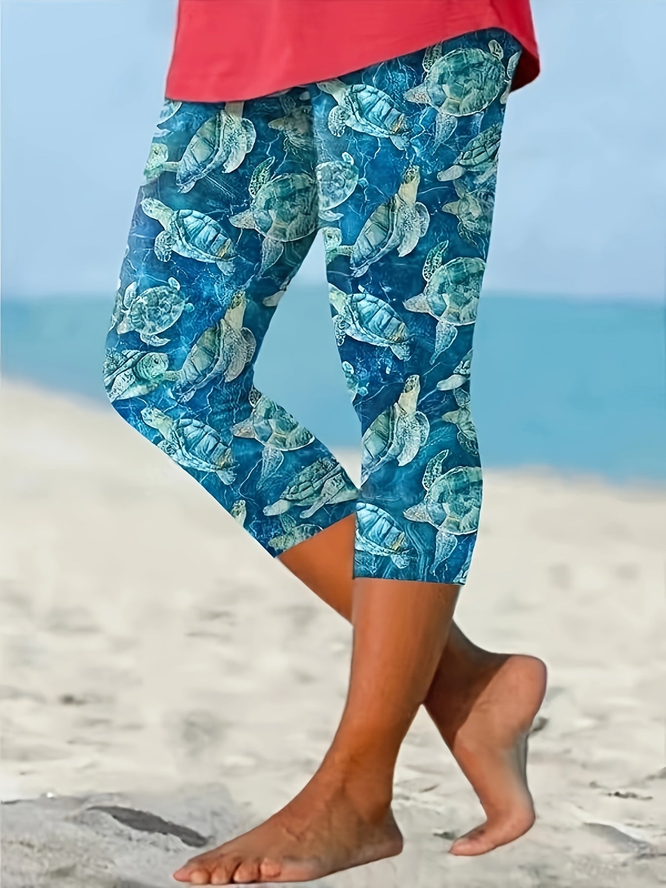 Turtles Print Cropped Leggings Slim Casual Leggings Women's Clothing