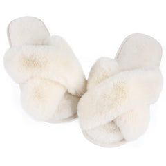 Soft Fuzzy Cross Strap Slippers Open Toe Plush Slides Shoes