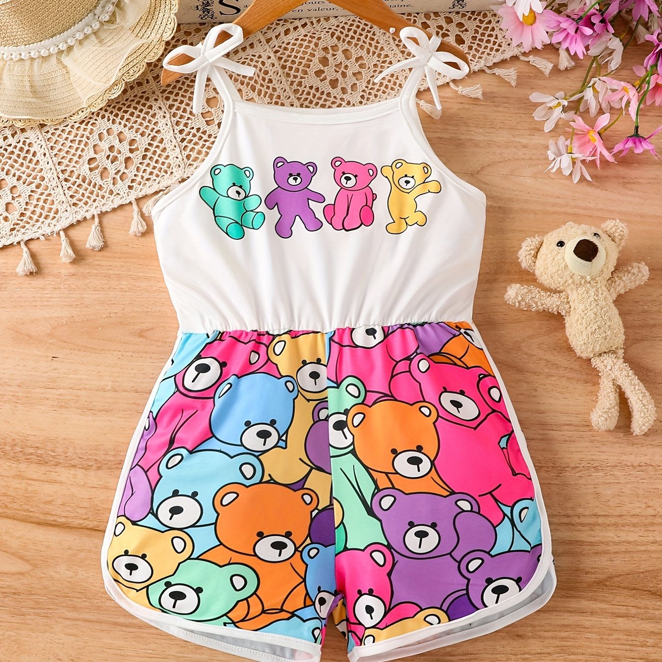 Toddler Girls Cartoon Bear Cami Rompers Jumpsuits for Beach Vacation