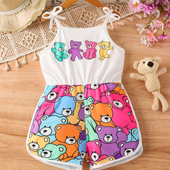 Toddler Girls Cartoon Bear Cami Rompers Jumpsuits for Beach Vacation