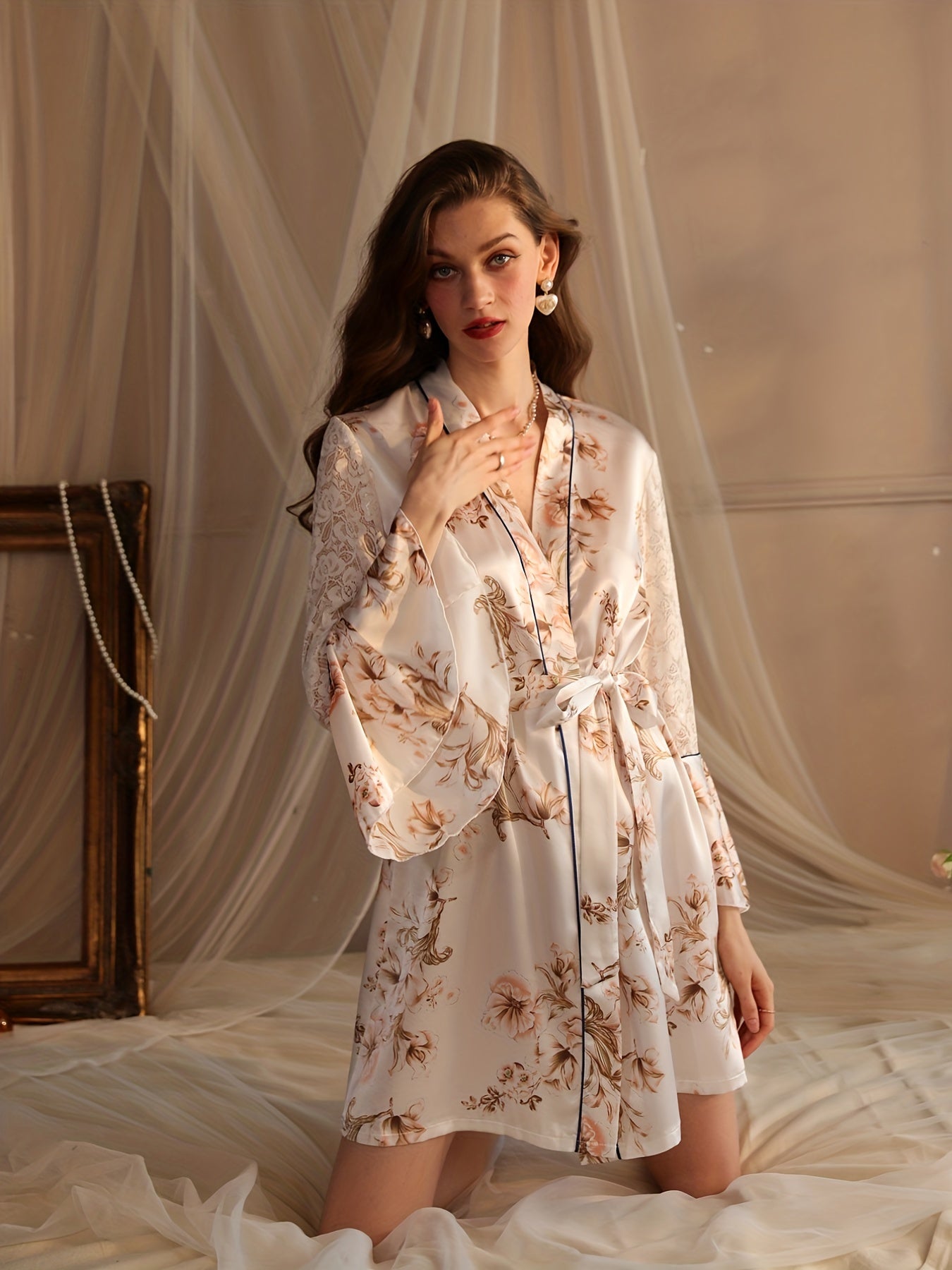 Floral Print Satin Night Robe Lace Sleeve V Neck House Robe Women's Sleepwear