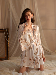 Floral Print Satin Night Robe Lace Sleeve V Neck House Robe Women's Sleepwear