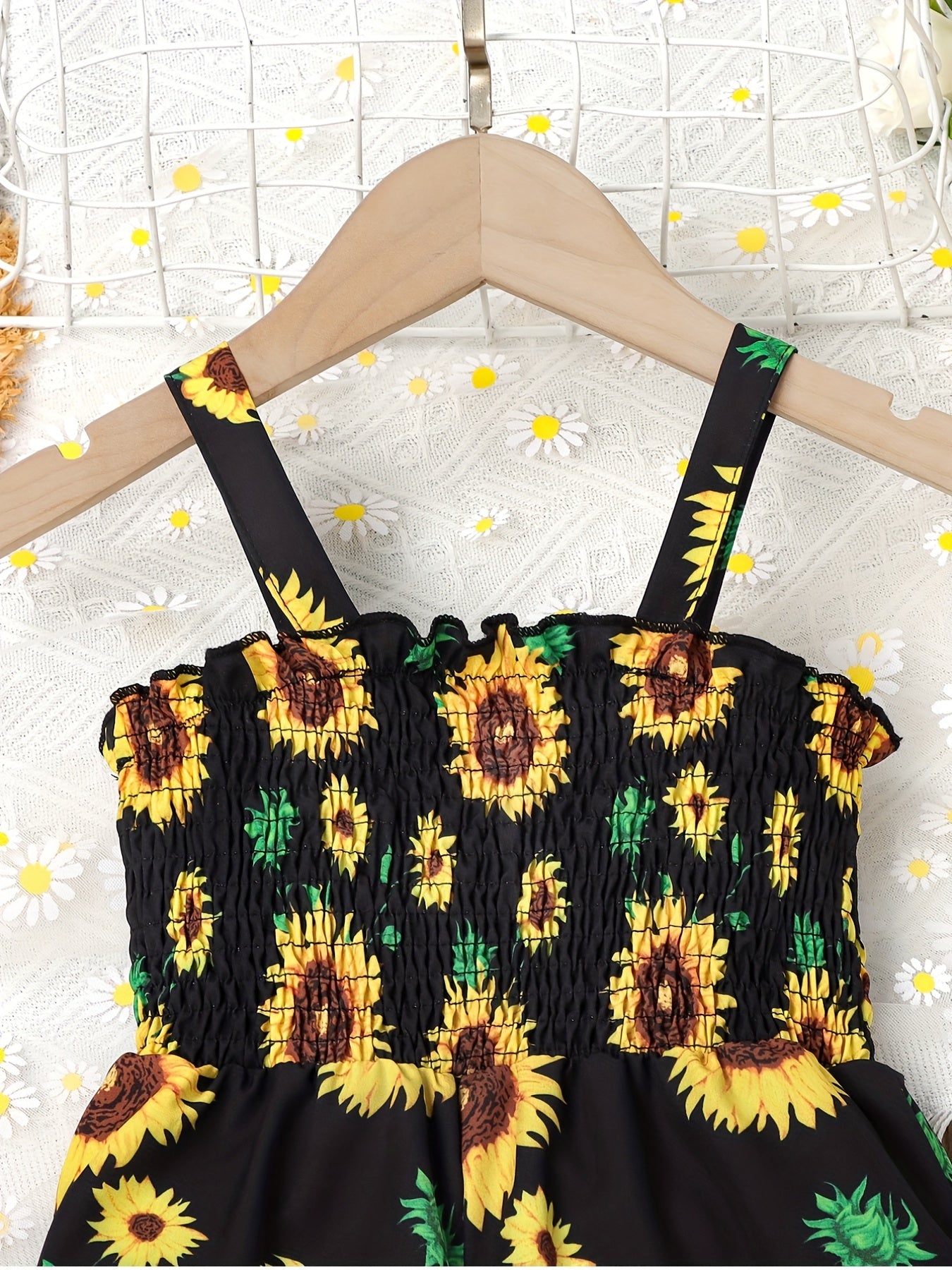 Girl's Sunflower Print Shirred Jumpsuit for Summer Vacation