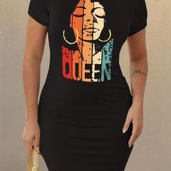 Queen Print Slim Dress Sexy Crew Neck Short Sleeve Women's Clothing