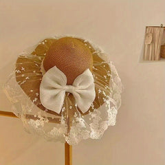 French Style Sun Hat Lace Bowknot Wide Brim Straw Hat Classic UV Protection